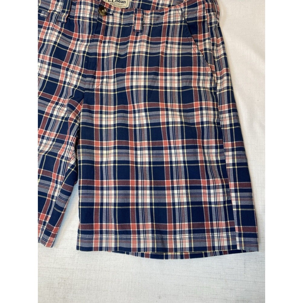 LL Bean Mens 36 Waist Standard Fit Plaid Cotton Chino Shorts Blue Red Madras - Picture 2 of 9